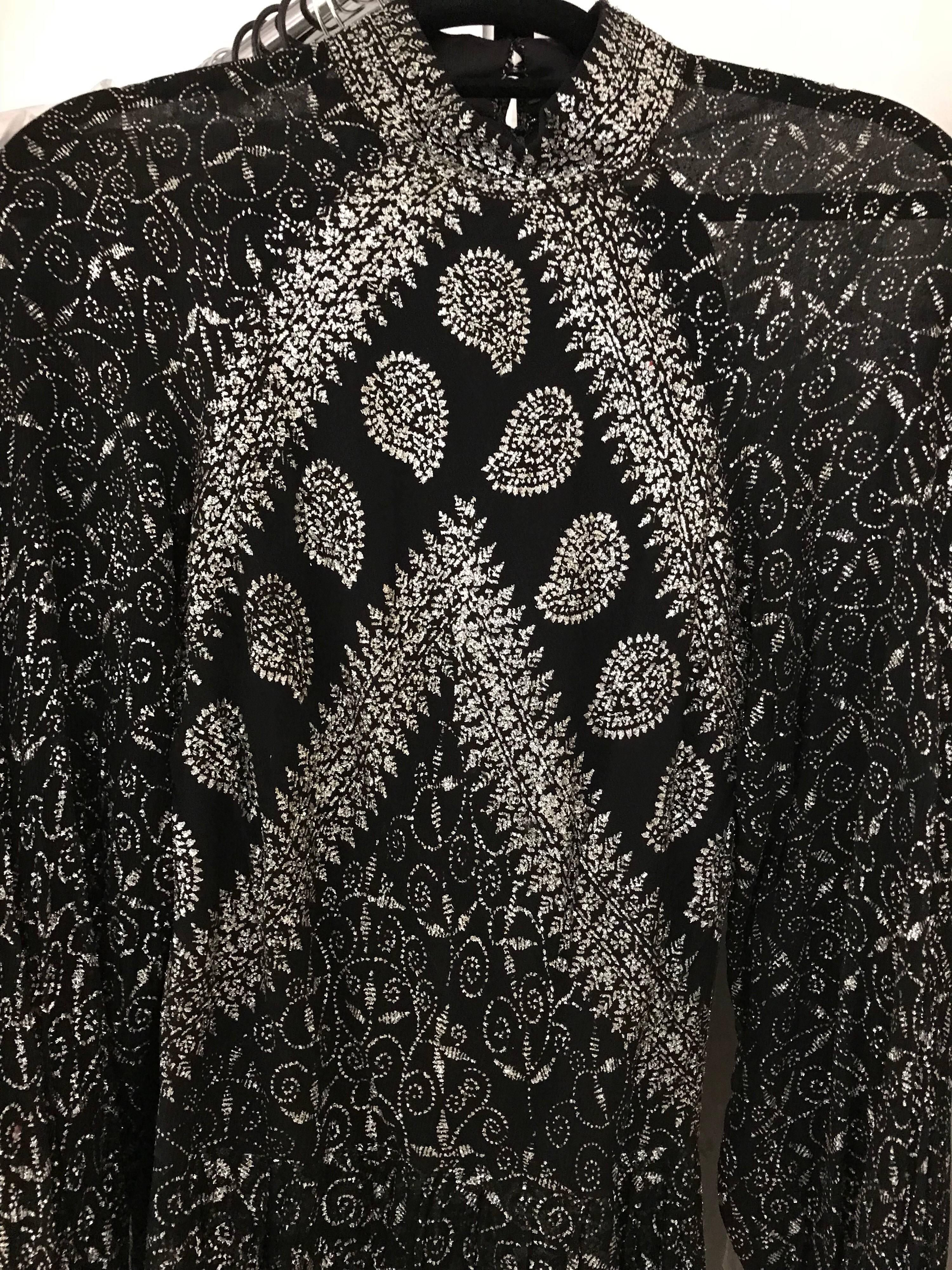 1970s Black and Silver Metallic Silk Maxi Dress 1