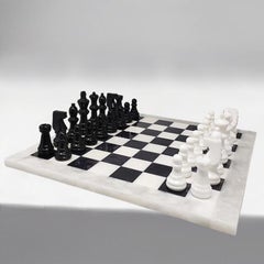 1970s Black and White Chess Set in Volterra Alabaster Handmade, Made in Italy