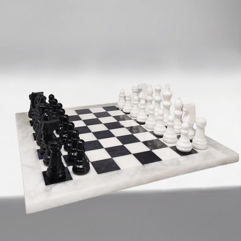Mid-Century Modern 1970s Black and White Chess Set in Volterra Alabaster Handmade, Made in Italy