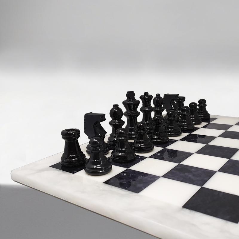 Italian 1970s Black and White Chess Set in Volterra Alabaster Handmade, Made in Italy