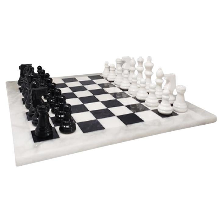 1970s Black and White Chess Set in Volterra Alabaster Handmade, Made in Italy