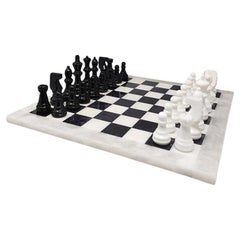 1970s Black and White Chess Set in Volterra Alabaster Handmade, Made in Italy