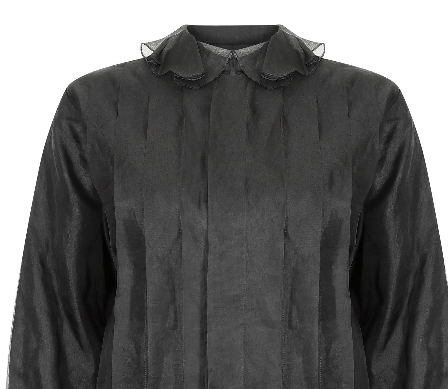 Women's 1970s Black Chiffon Ruffle Collar Blouse For Sale