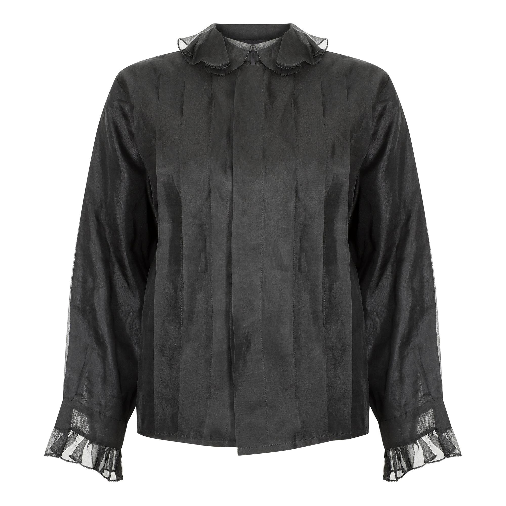 1970s Black Chiffon Ruffle Collar Blouse en vente