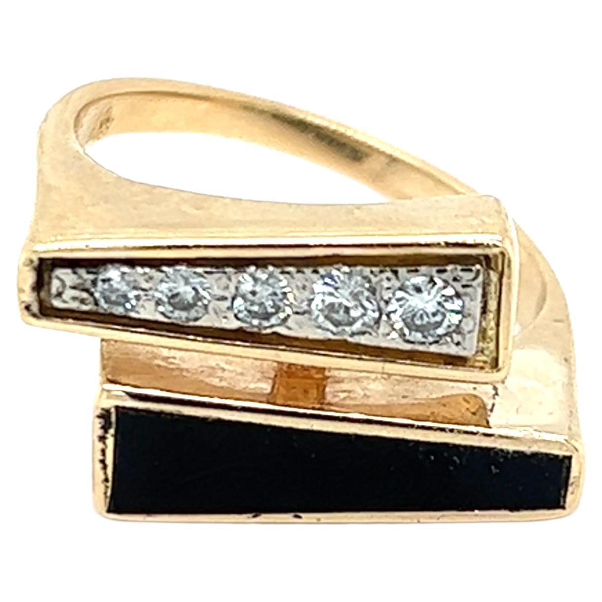 1970s Black Coral & Diamond Bypass Ring in 14K Yellow Gold For Sale