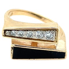1970s Black Coral & Diamond Bypass Ring in 14K Yellow Gold