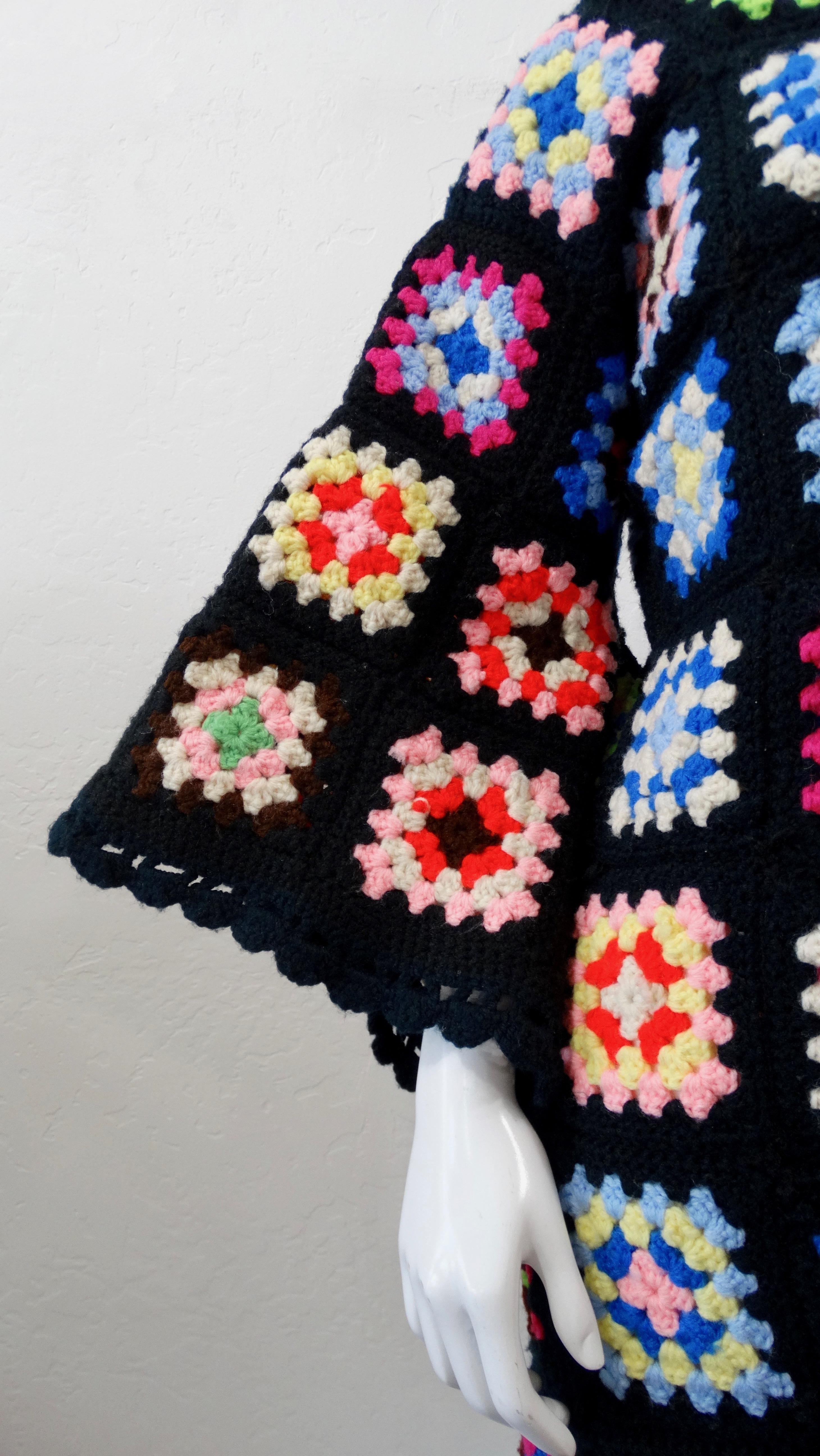 Women's or Men's 1970s Black Crochet Angel Wing Midi Dress