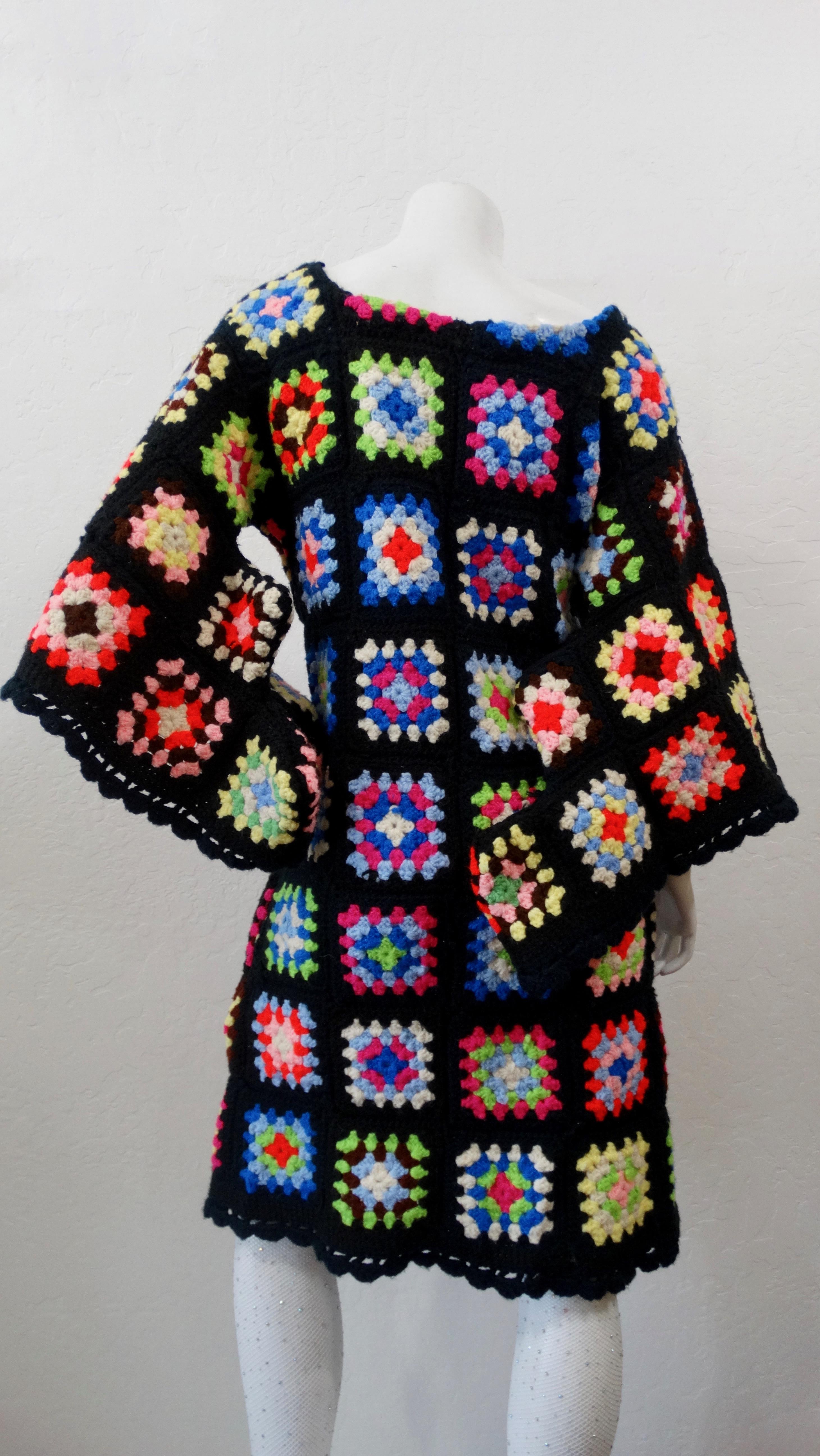 1970s Black Crochet Angel Wing Midi Dress 1