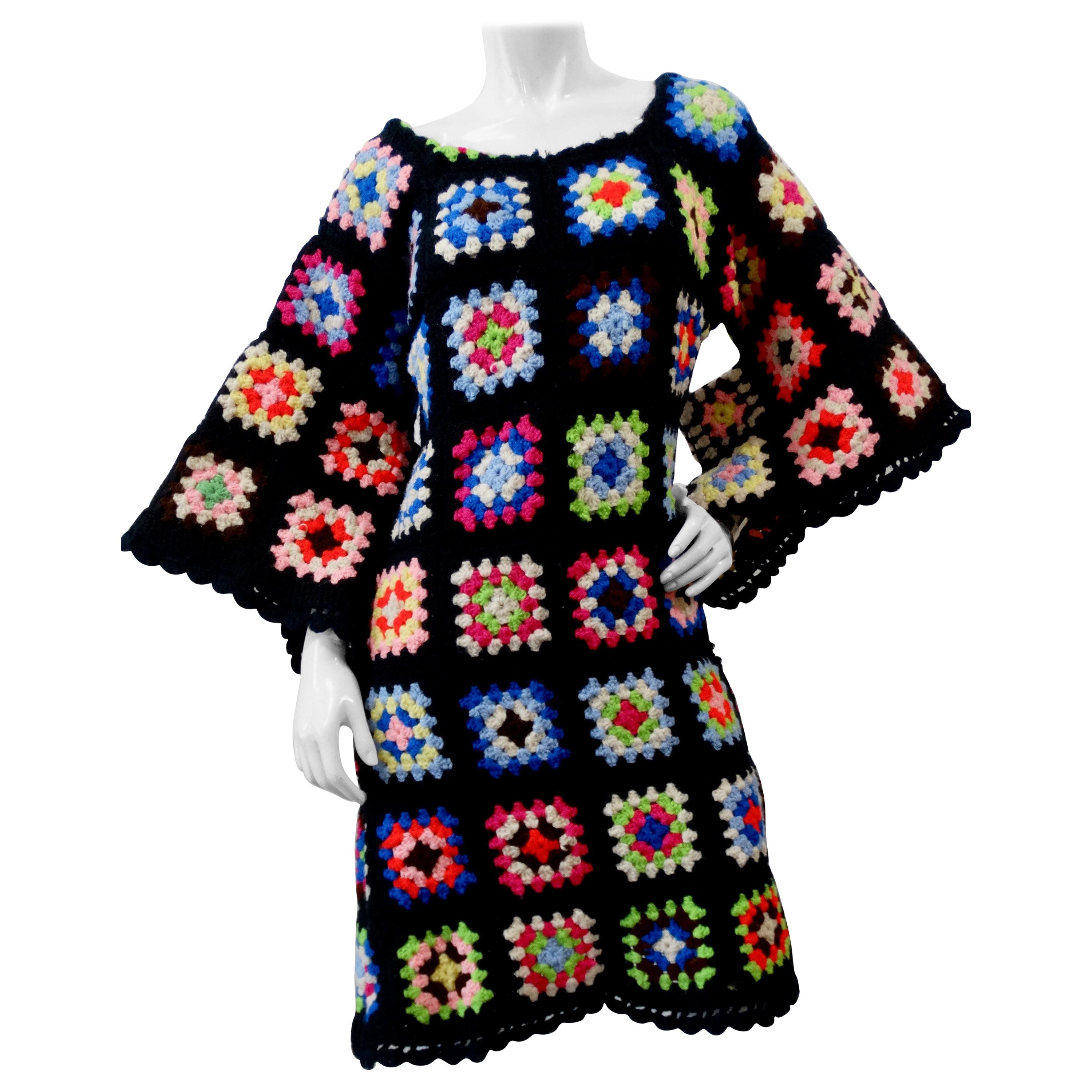 1970s Black Crochet Angel Wing Midi Dress