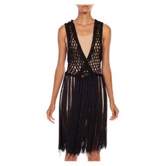 1970S Black Crochet & Fringe Boho Vest