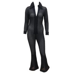 Vintage 1970's Black Crochet Knit Bell Bottom Jumpsuit