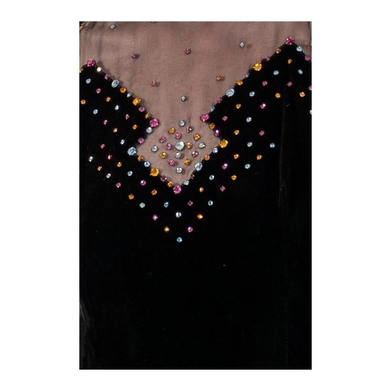 1970S Black Crystal Studded Silk Velvet Art Deco Inspired Gown With Crystals For Sale 7