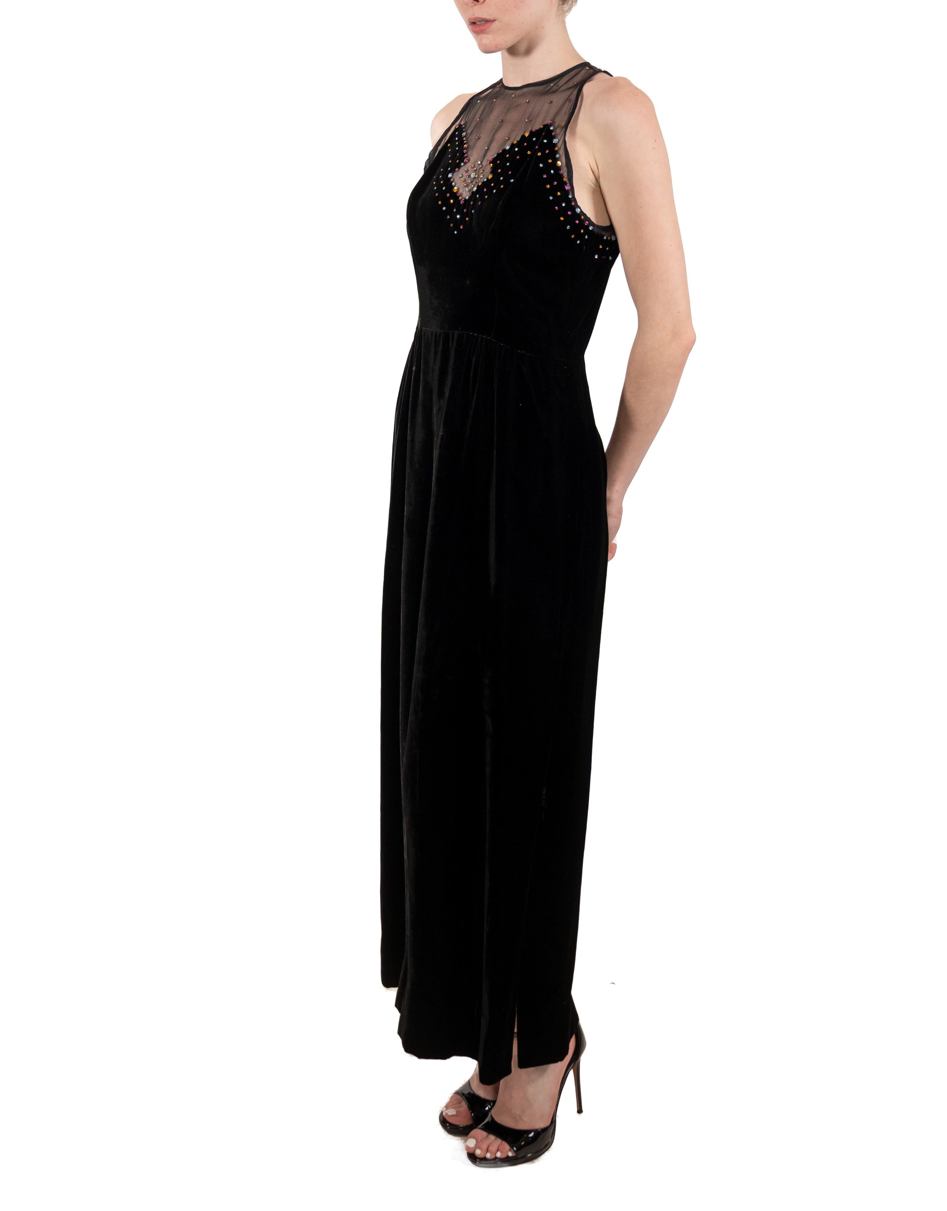 1970S Black Crystal Studded Silk Velvet Art Deco Inspired Gown With Crystals In Good Condition For Sale In New York, NY