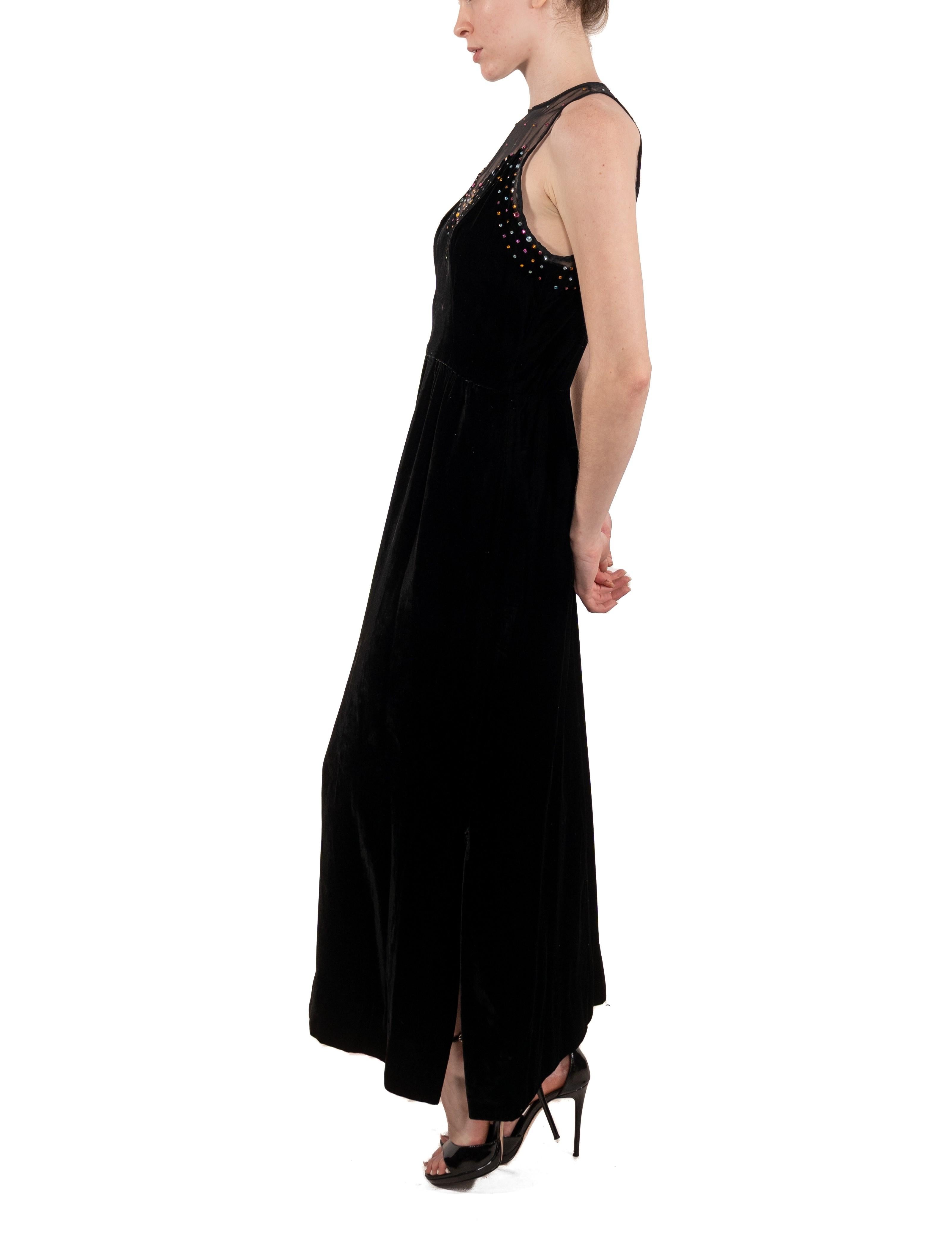 Women's 1970S Black Crystal Studded Silk Velvet Art Deco Inspired Gown With Crystals For Sale