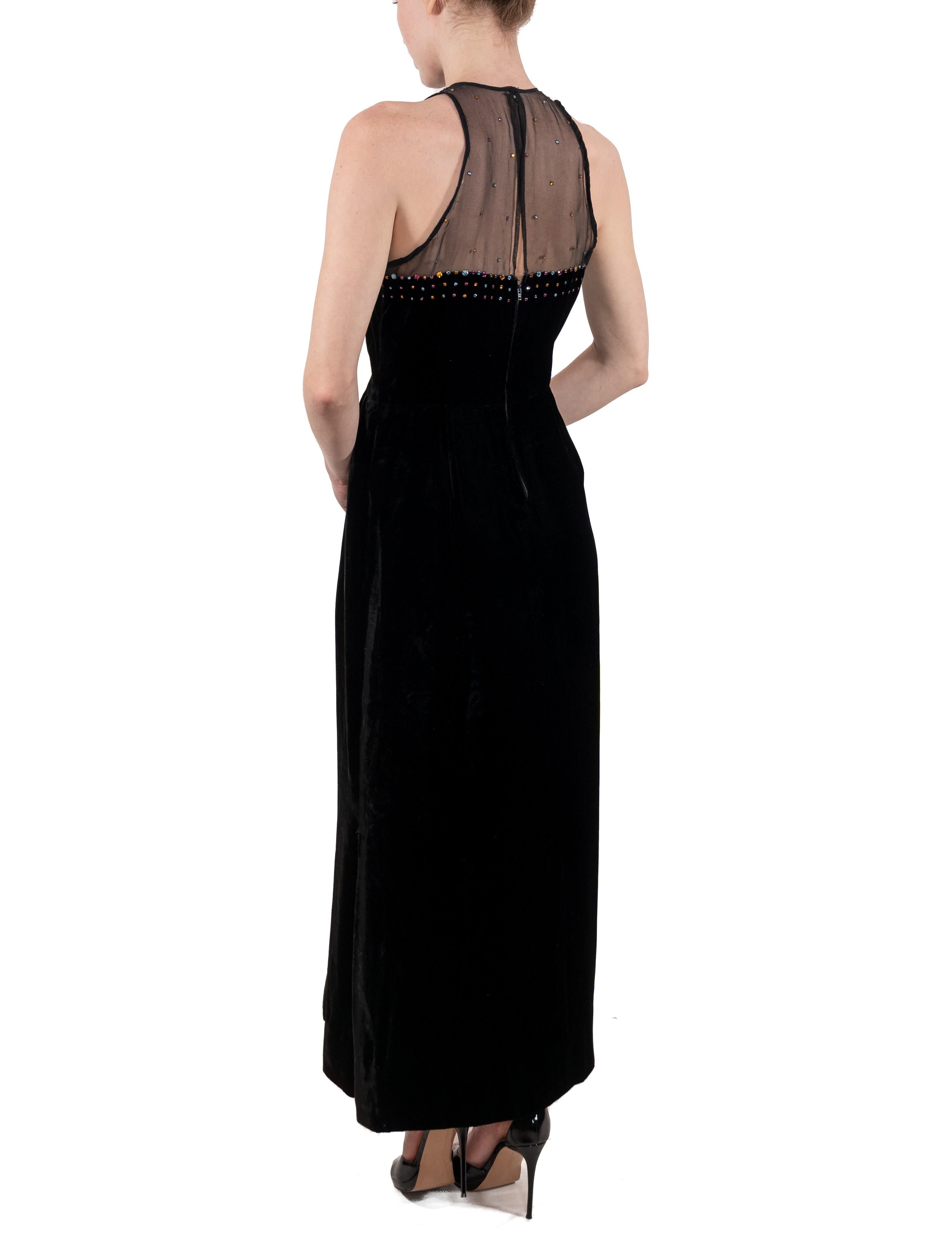 1970S Black Crystal Studded Silk Velvet Art Deco Inspired Gown With Crystals For Sale 1