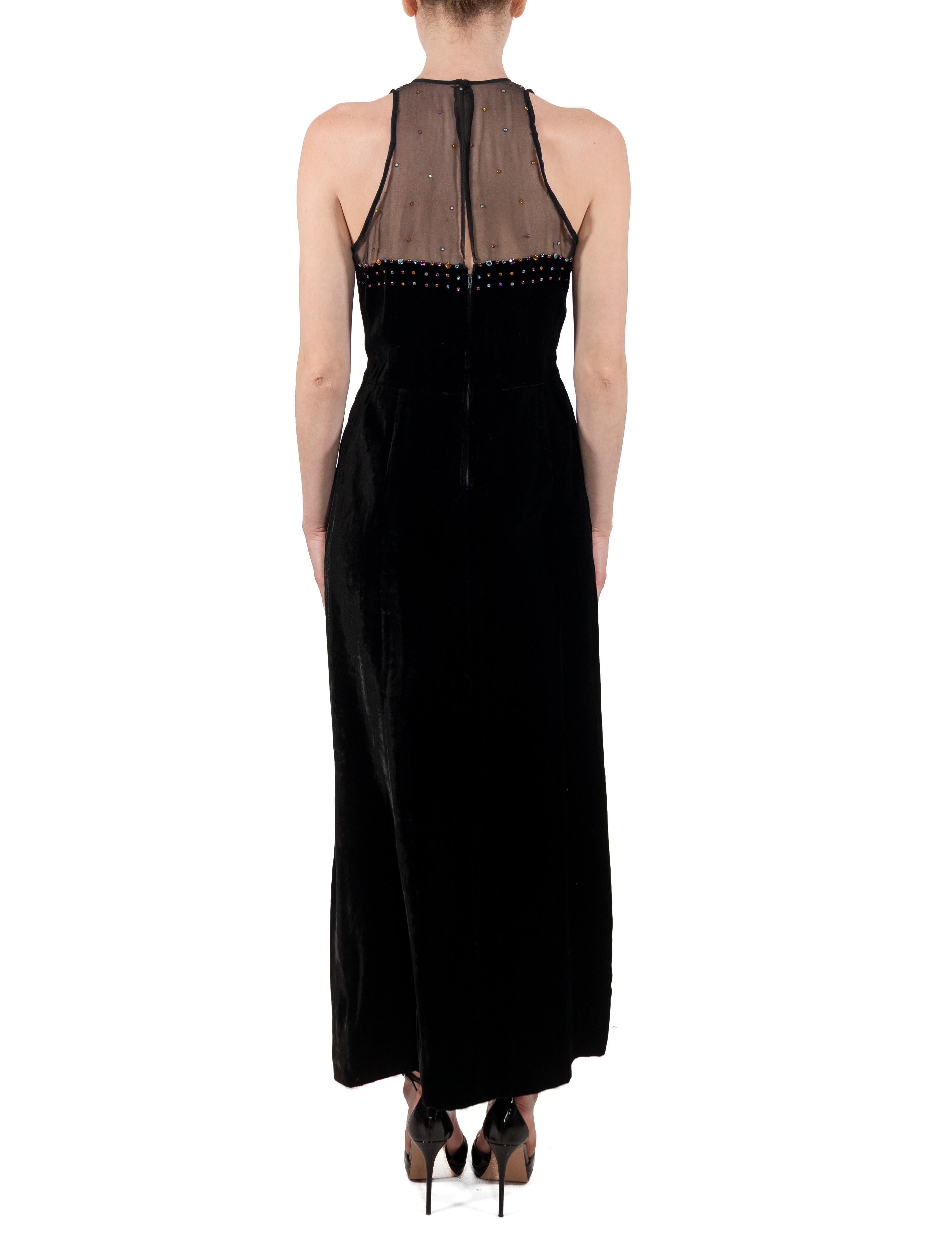 1970S Black Crystal Studded Silk Velvet Art Deco Inspired Gown With Crystals For Sale 2
