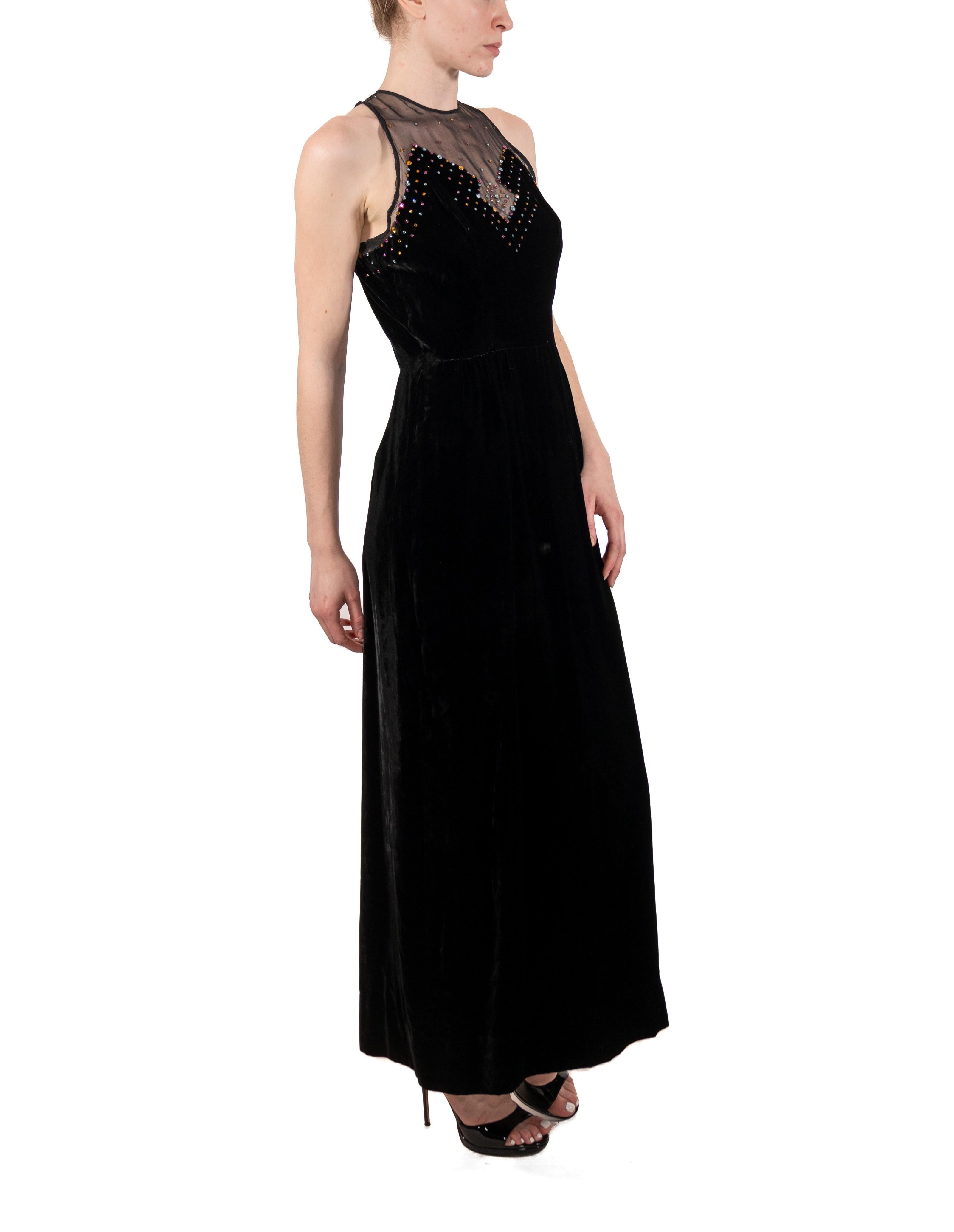 1970S Black Crystal Studded Silk Velvet Art Deco Inspired Gown With Crystals For Sale 3