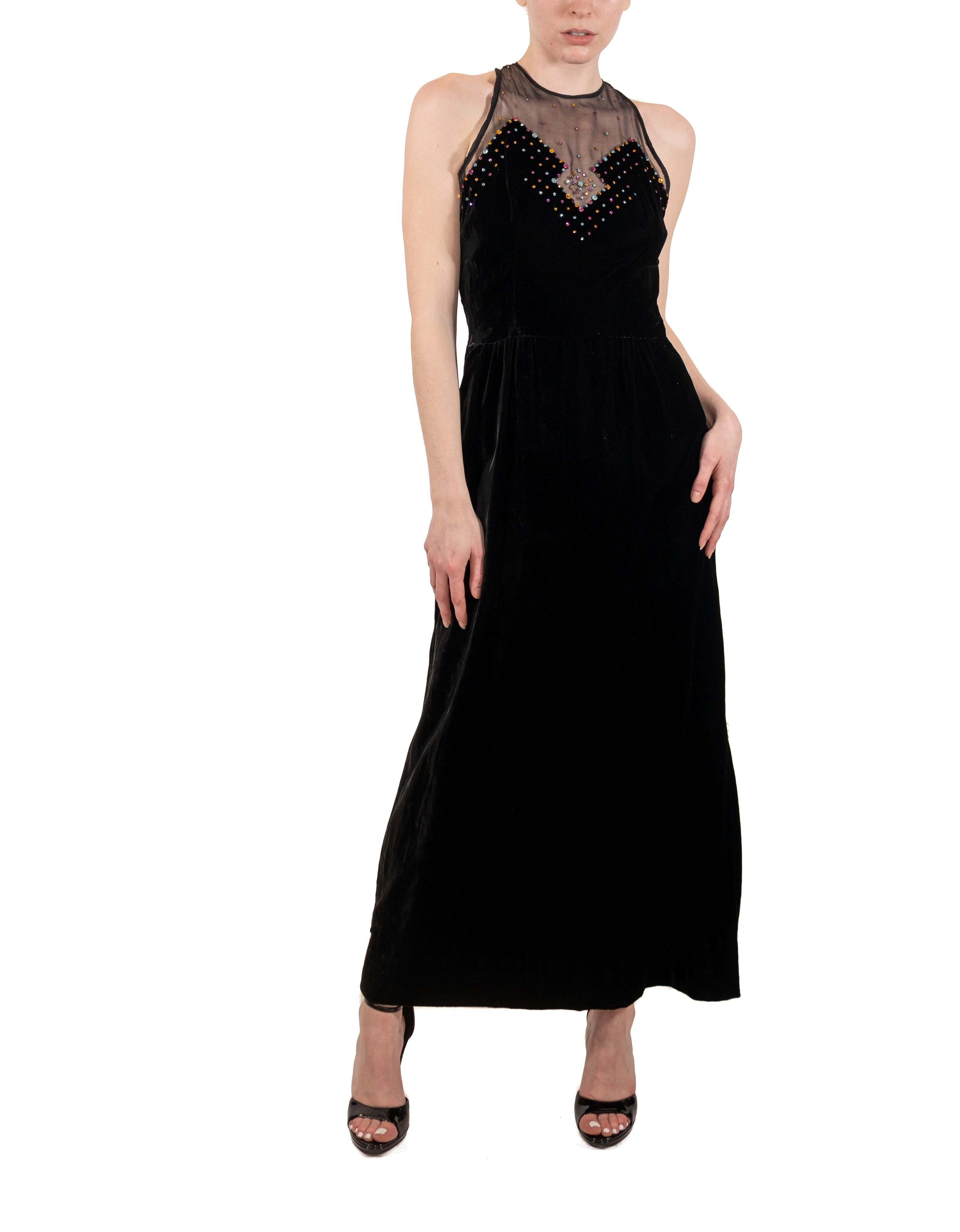 1970S Black Crystal Studded Silk Velvet Art Deco Inspired Gown With Crystals For Sale 4