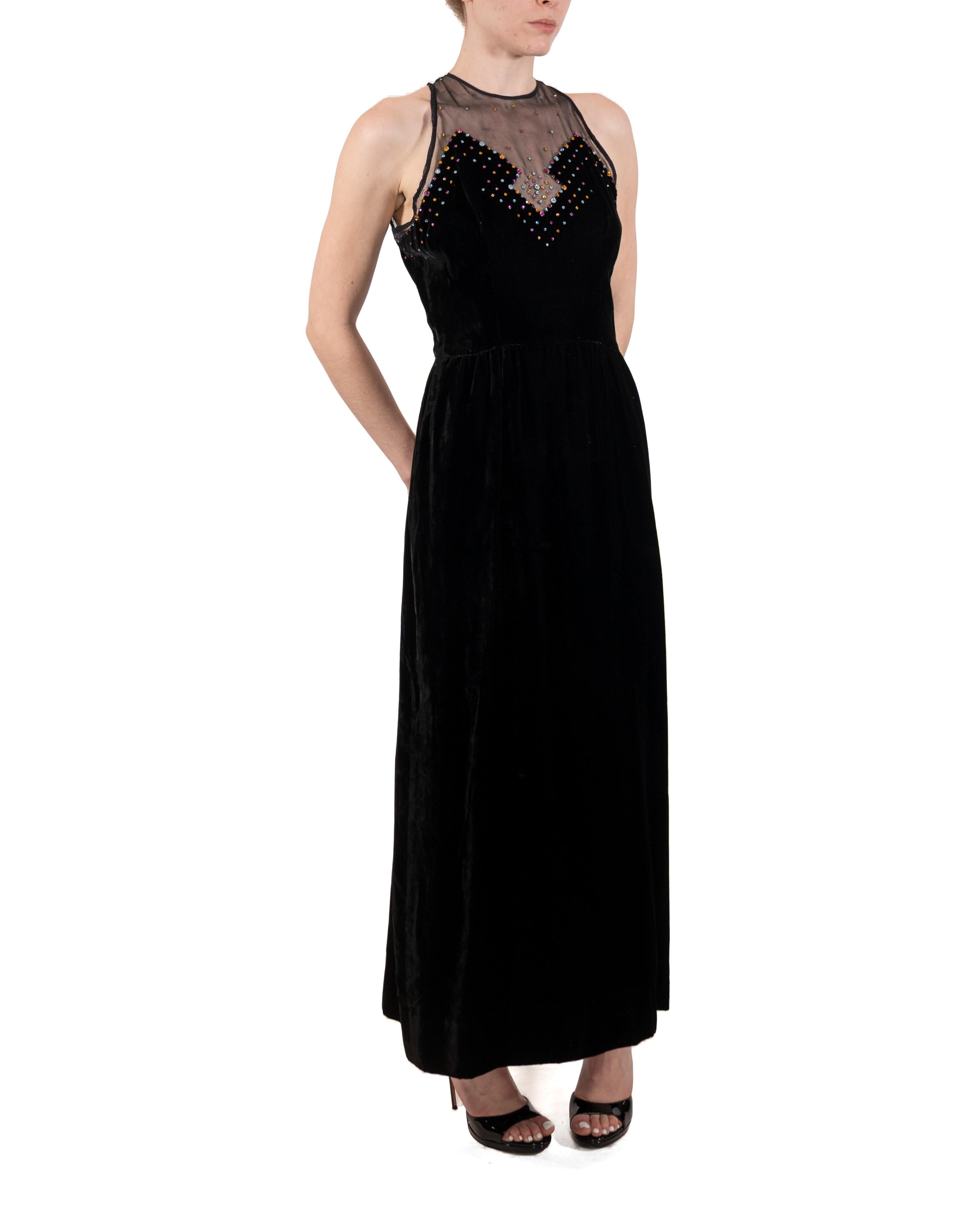 1970S Black Crystal Studded Silk Velvet Art Deco Inspired Gown With Crystals For Sale 5