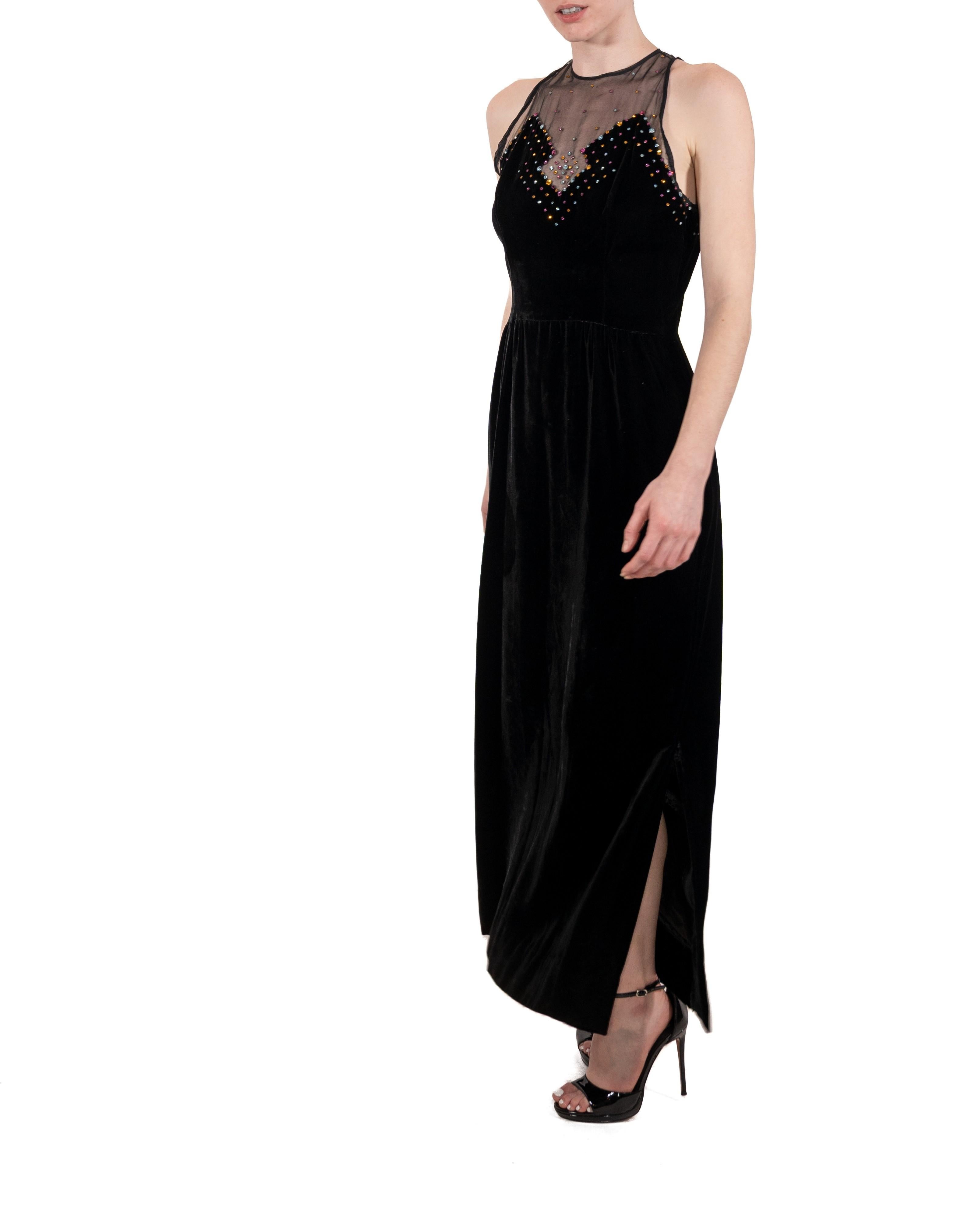 1970S Black Crystal Studded Silk Velvet Art Deco Inspired Gown With Crystals For Sale 6