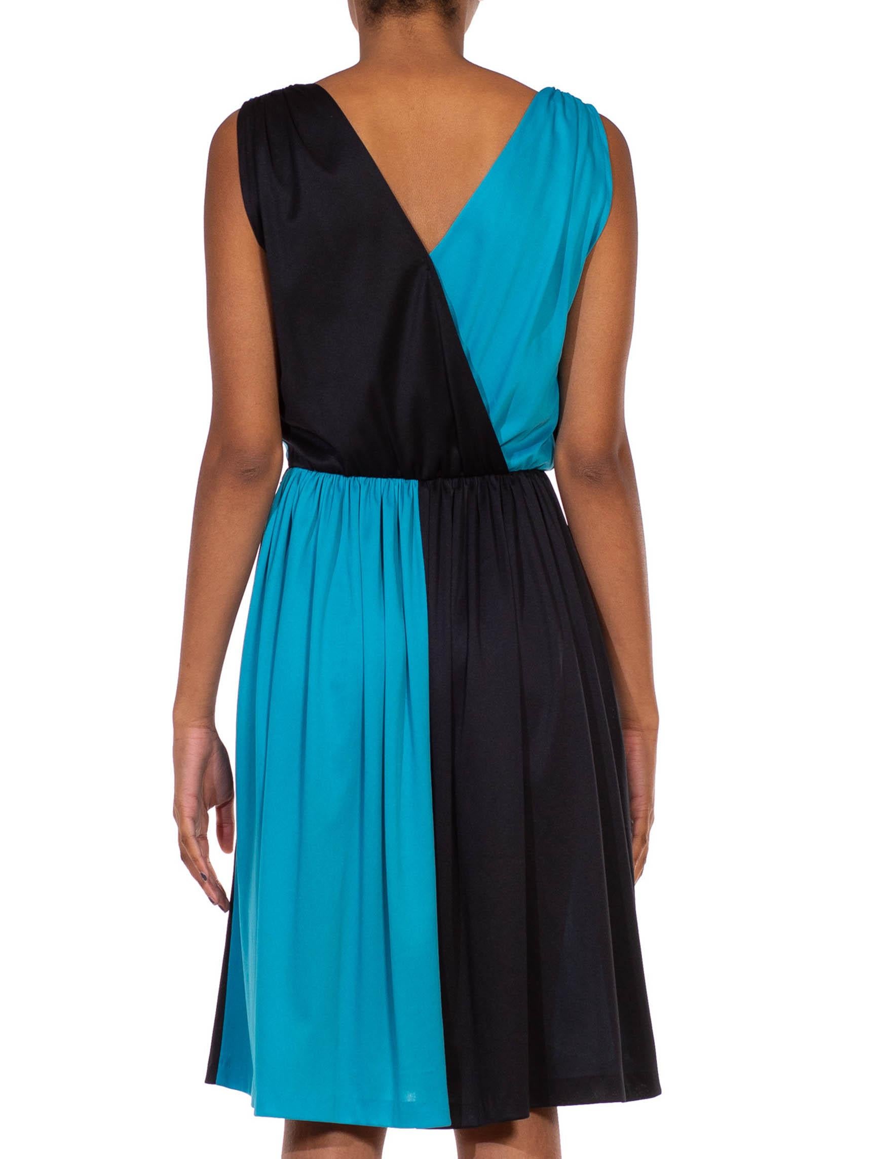 1970S Black & Cyan Blue Polyester Asymmetrical Color Blocked Cocktail Dress For Sale 6