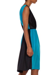1970S Black & Cyan Blue Polyester Asymmetrical Color Blocked Cocktail Dress