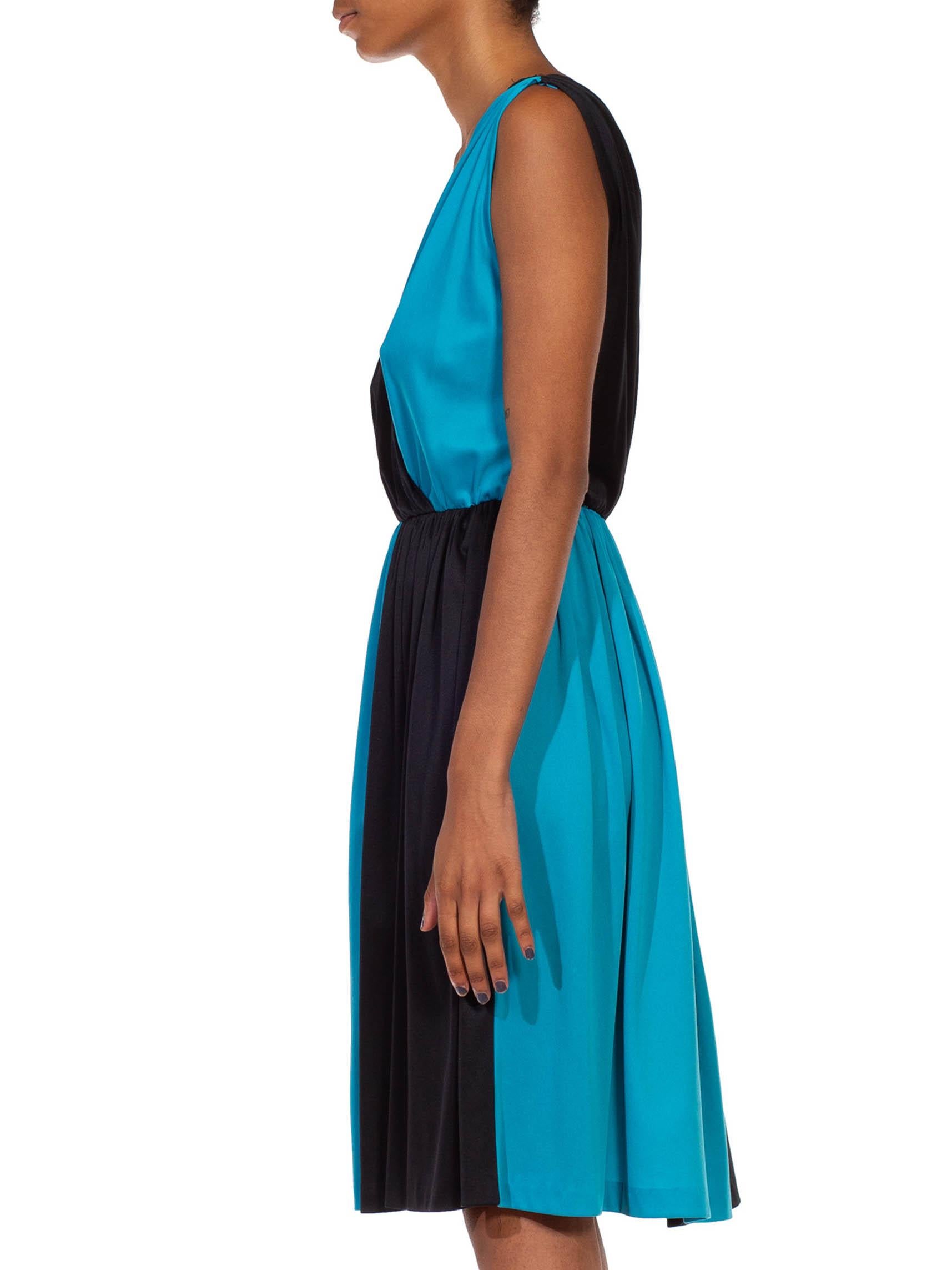 1970S Black & Cyan Blue Polyester Asymmetrical Color Blocked Cocktail Dress In Good Condition For Sale In New York, NY