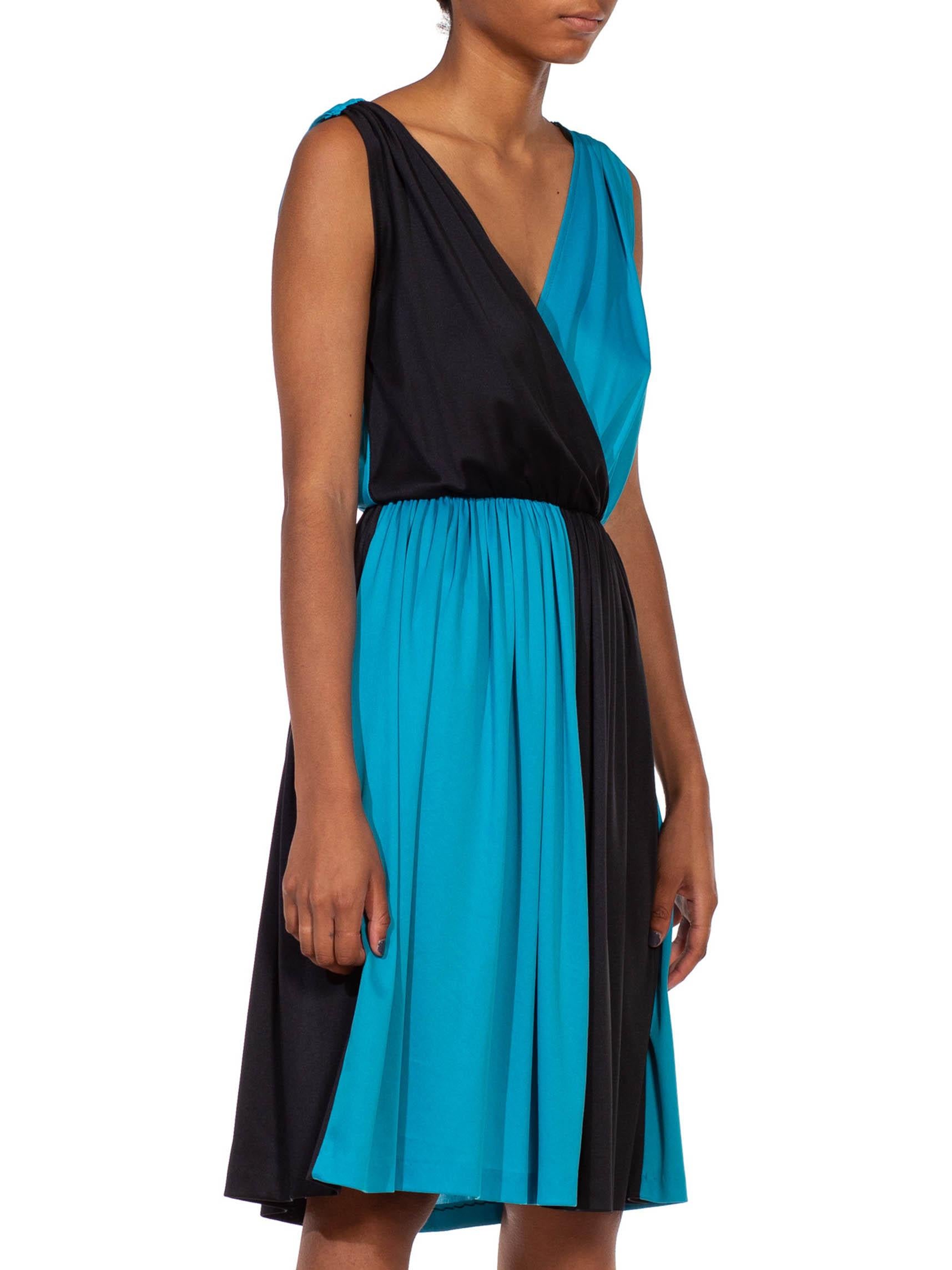 1970S Black & Cyan Blue Polyester Asymmetrical Color Blocked Cocktail Dress For Sale 1
