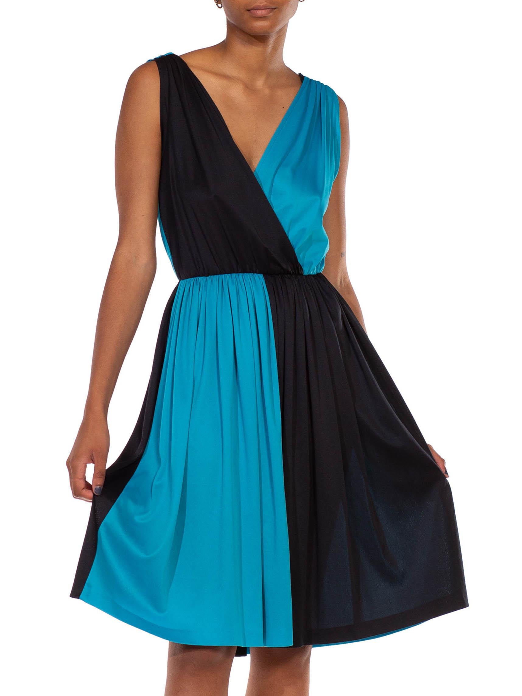 1970S Black & Cyan Blue Polyester Asymmetrical Color Blocked Cocktail Dress For Sale 4