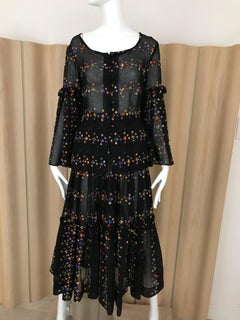 1970s Black Embroidered Cotton Blouse and Skirt set
