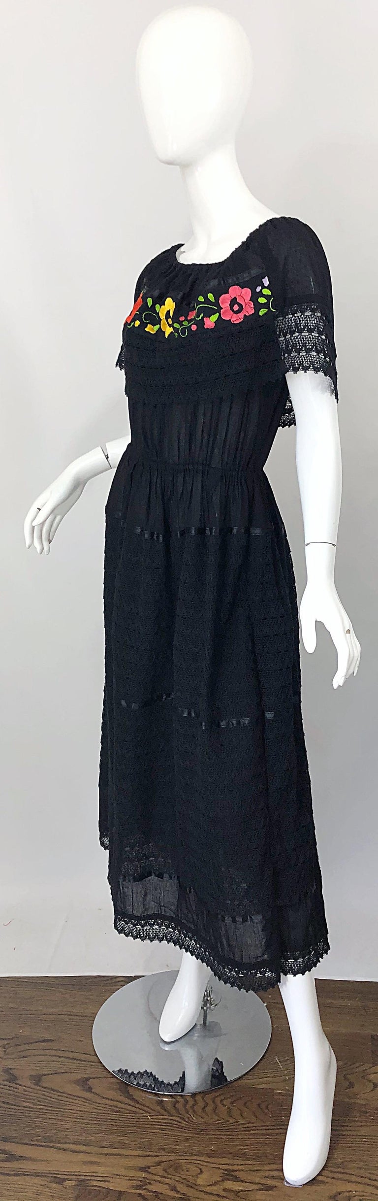 1970s Black Embroidered Crochet Flowers Vintage 70s Mexican Maxi Dress