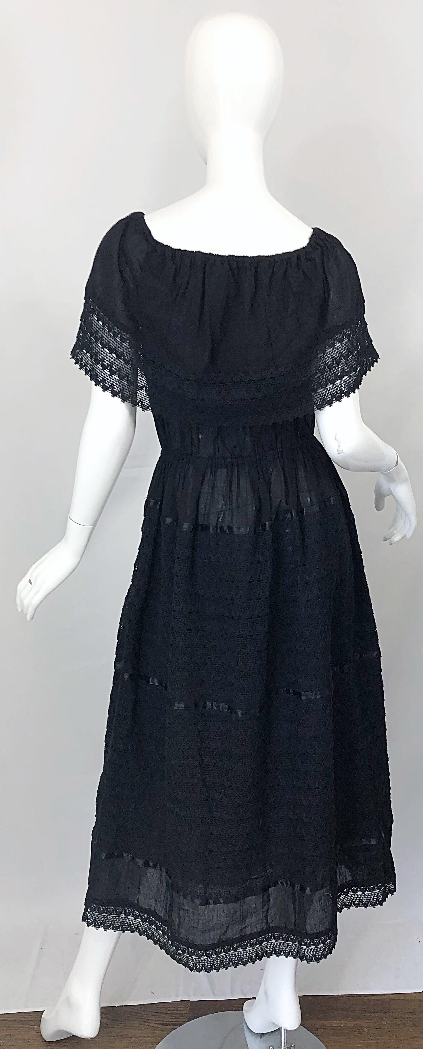 1970s Black Embroidered Crochet Flowers Vintage 70s Mexican Maxi Dress For Sale 10