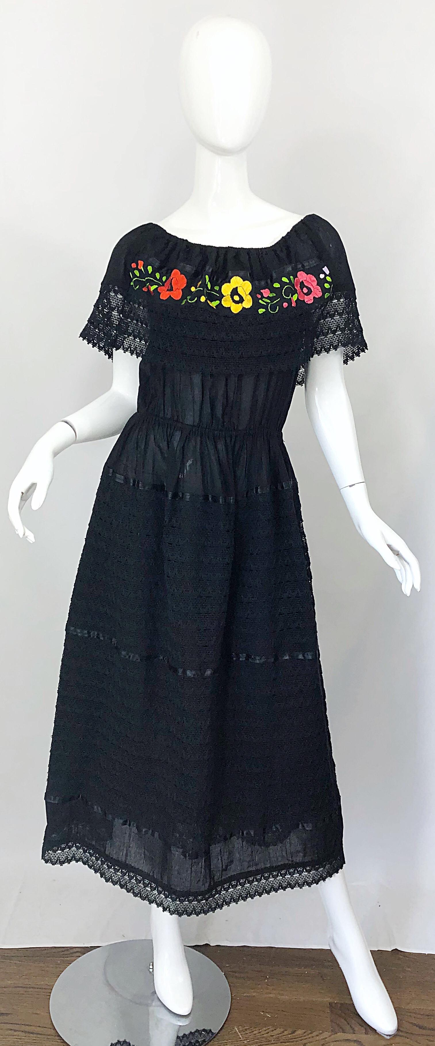 1970s Black Embroidered Crochet Flowers Vintage 70s Mexican Maxi Dress For Sale 11