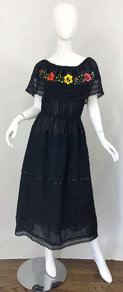 1970s Black Embroidered Crochet Flowers Vintage 70s Mexican Maxi Dress