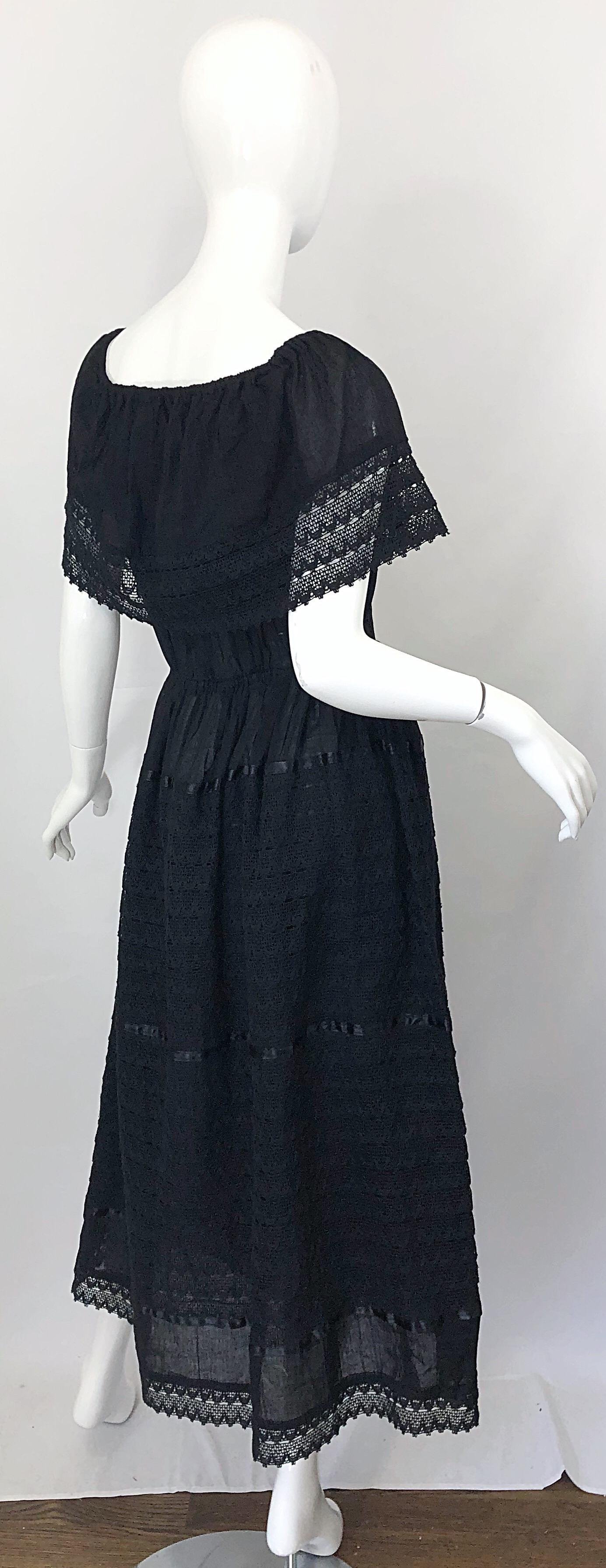 Women's 1970s Black Embroidered Crochet Flowers Vintage 70s Mexican Maxi Dress For Sale