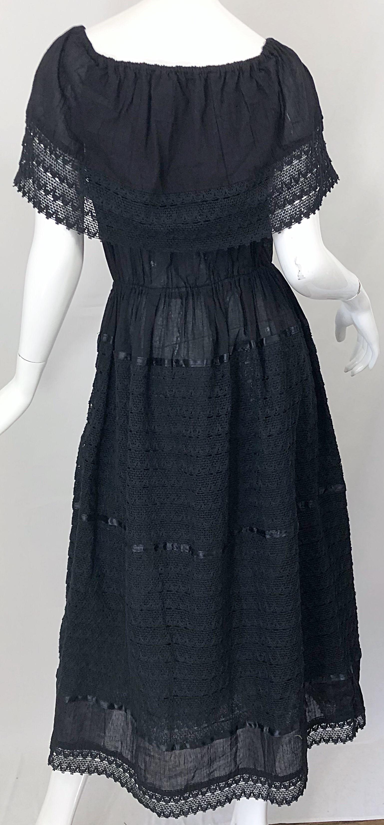 Women's 1970s Black Embroidered Crochet Flowers Vintage 70s Mexican Maxi Dress For Sale