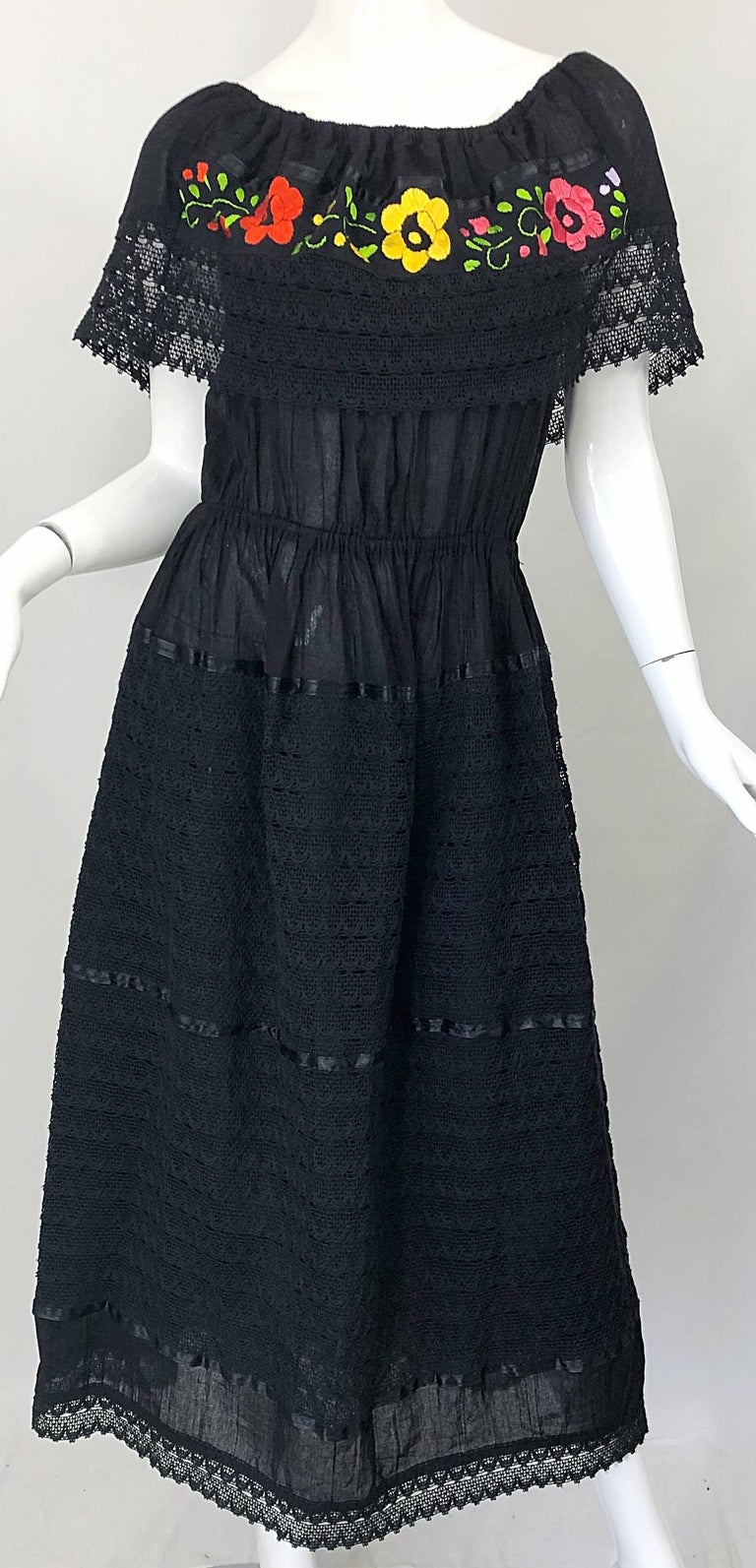 1970s Black Embroidered Crochet Flowers Vintage 70s Mexican Maxi Dress 1970s Black Embroidered Crochet Flowers Vintage 70s Mexican Maxi Dress