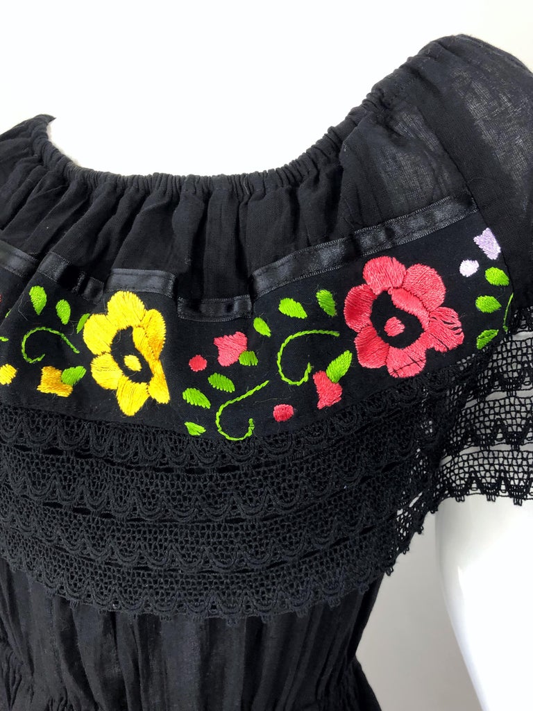 1970s Black Embroidered Crochet Flowers Vintage 70s Mexican Maxi Dress