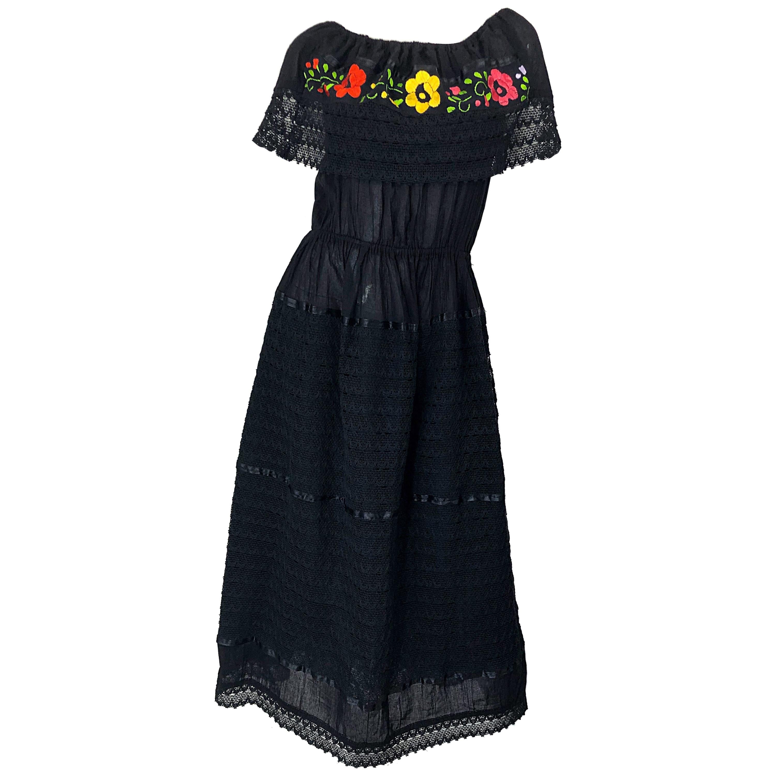 1970s Black Embroidered Crochet Flowers Vintage 70s Mexican Maxi Dress For Sale