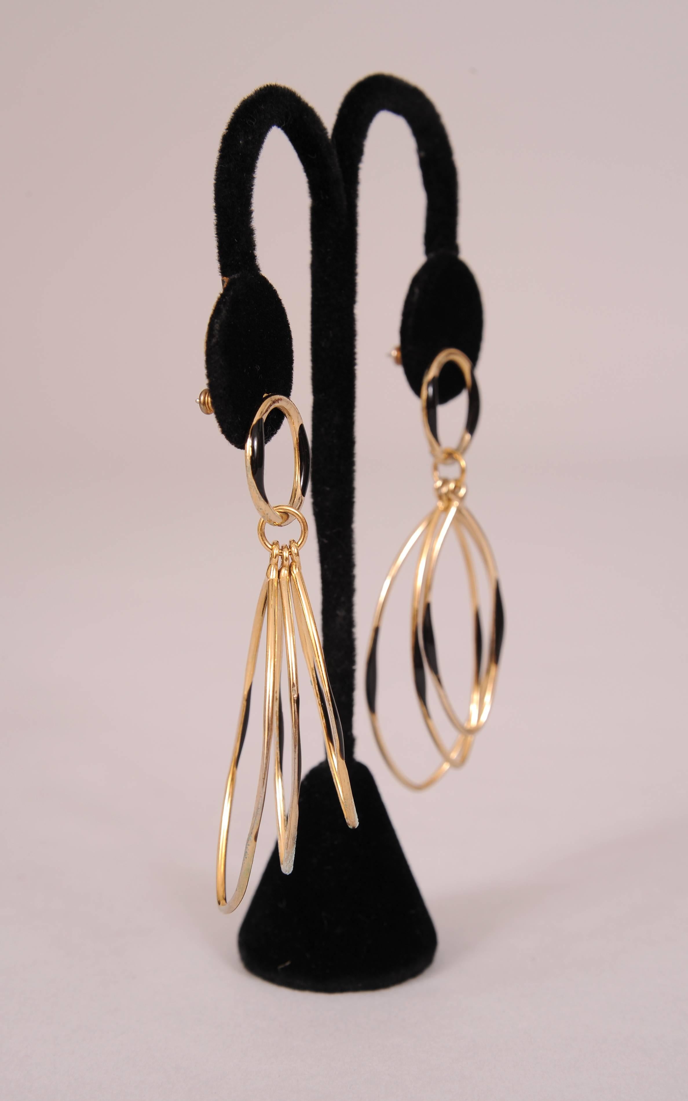 Modern Black Enamel and Gold Dangle Earrings, 1970s For Sale