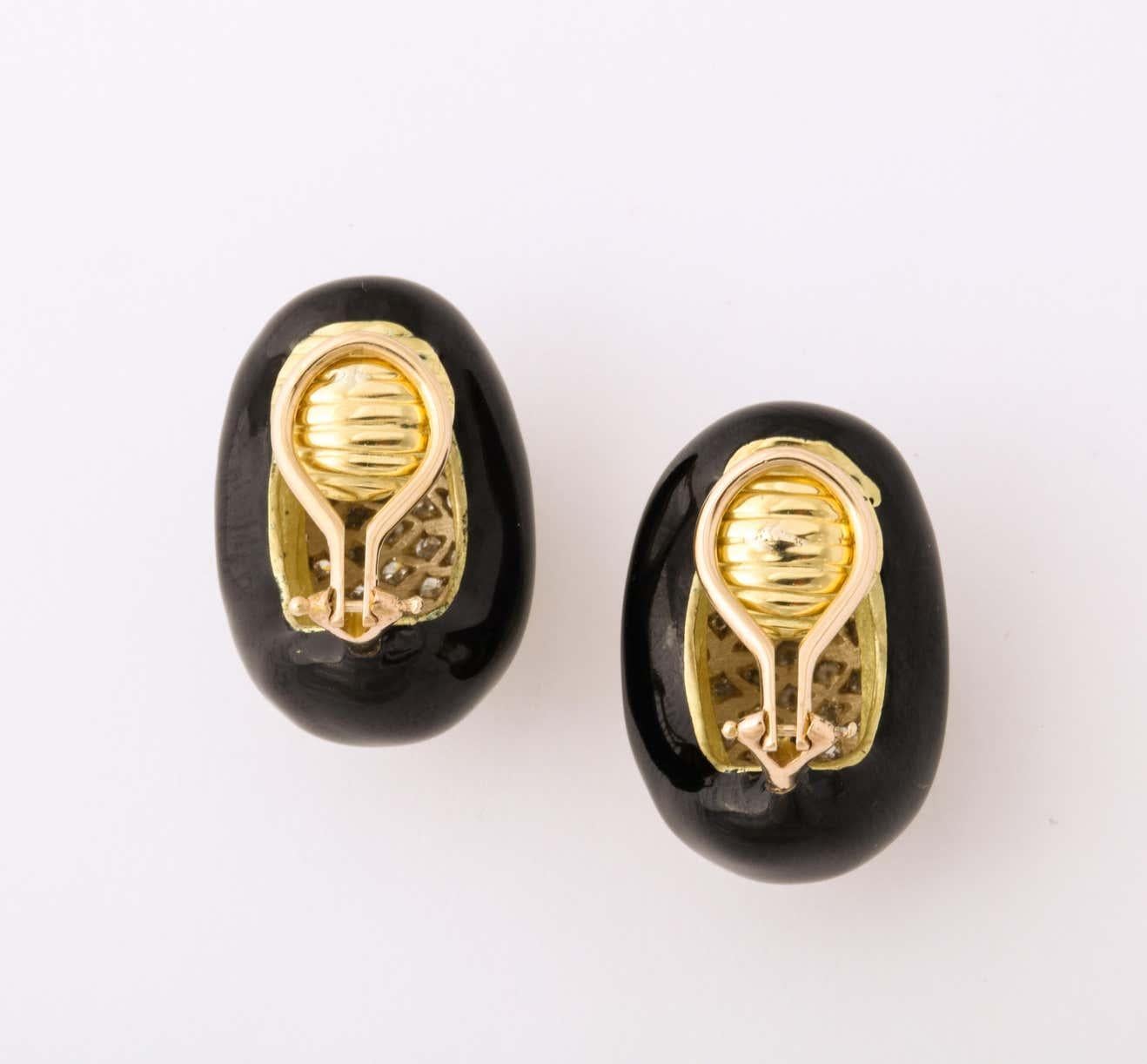1970's Black Enamel with Diamonds in a Gold Flame Motif Earclips For Sale 1