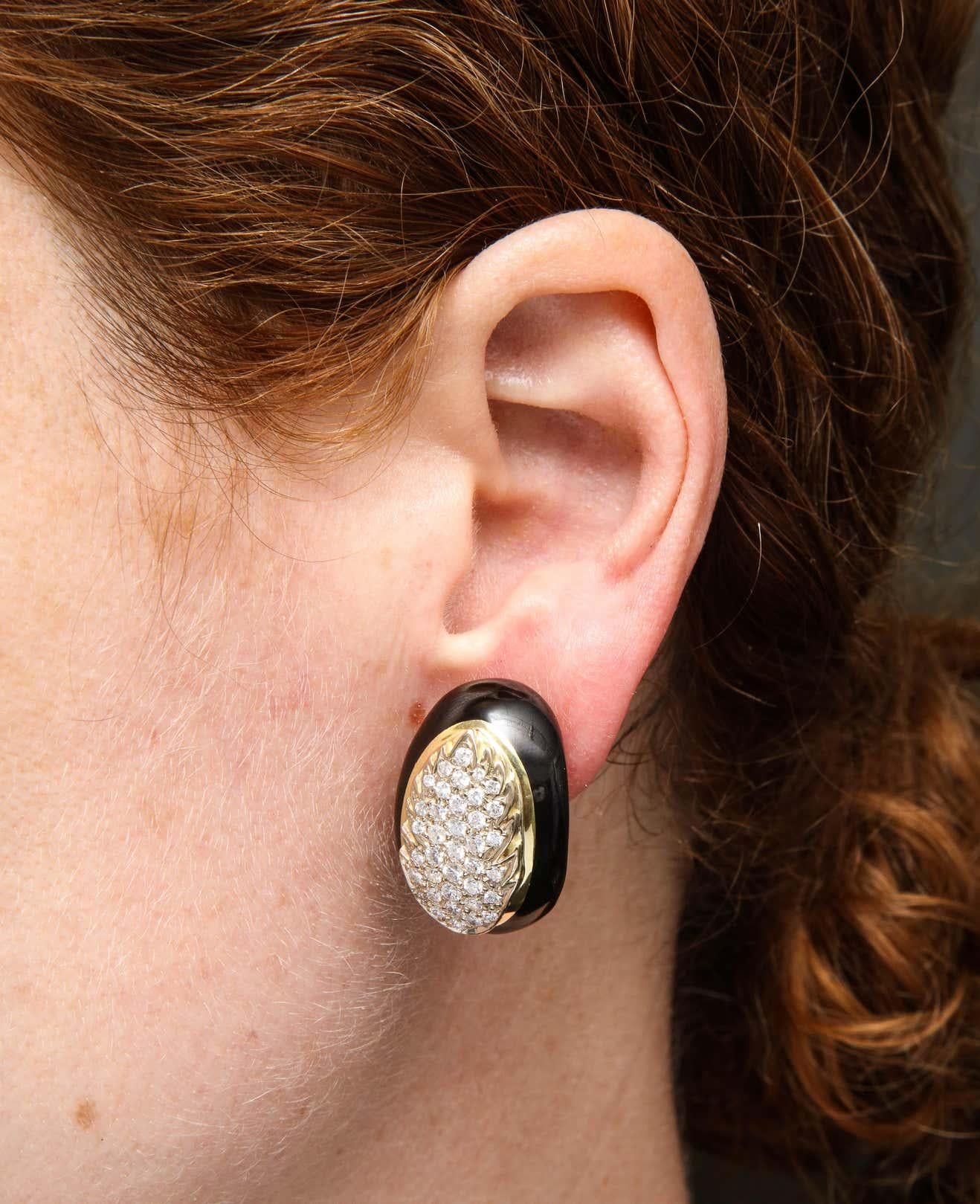 1970's Black Enamel with Diamonds in a Gold Flame Motif Earclips For Sale 3