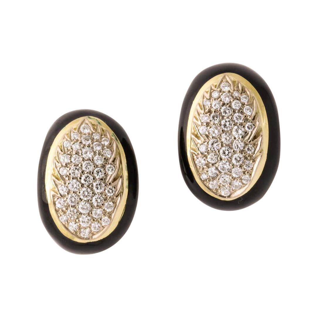 1970's Black Enamel with Diamonds in a Gold Flame Motif Earclips For Sale
