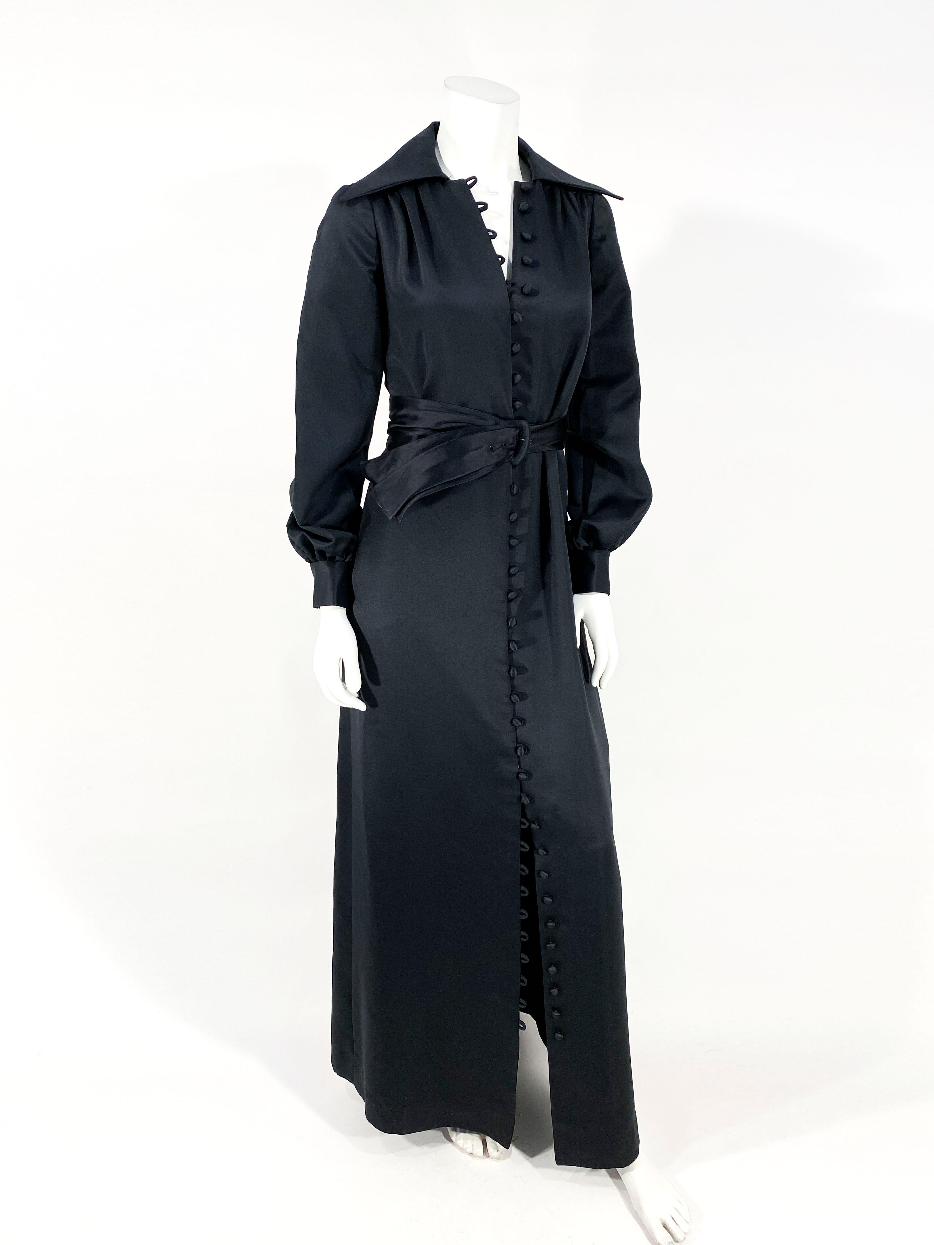 1970s Black Estevez Satin Dress Coat In Good Condition In San Francisco, CA