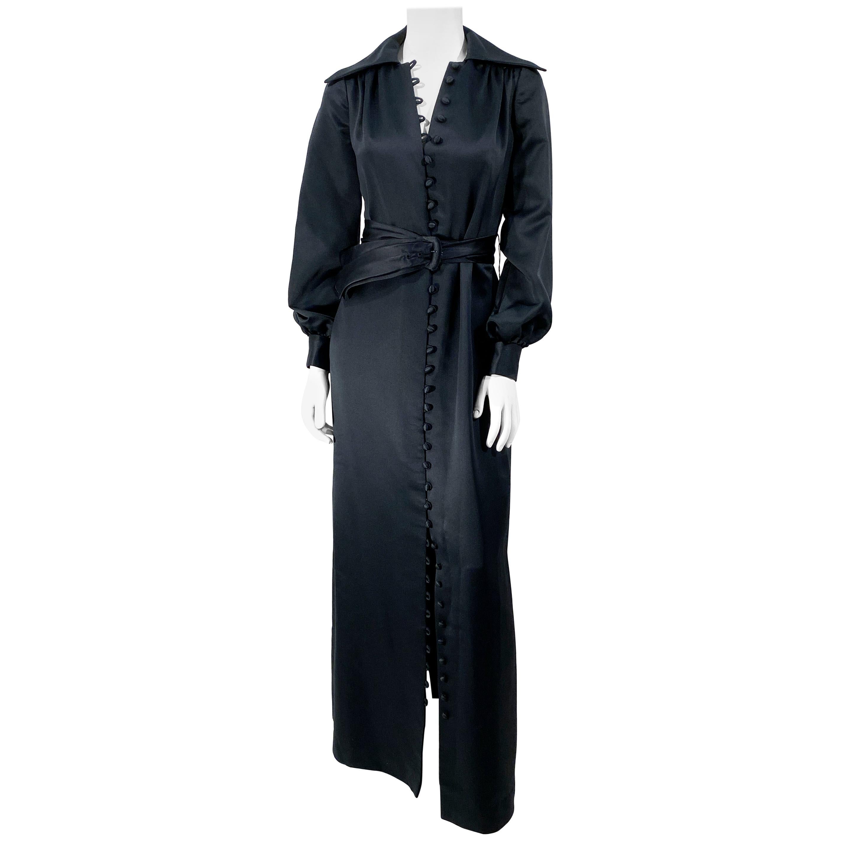1970s Black Estevez Satin Dress Coat