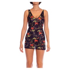 Vintage 1970S Black Floral Nylon Tricot Jersey Slip Dress