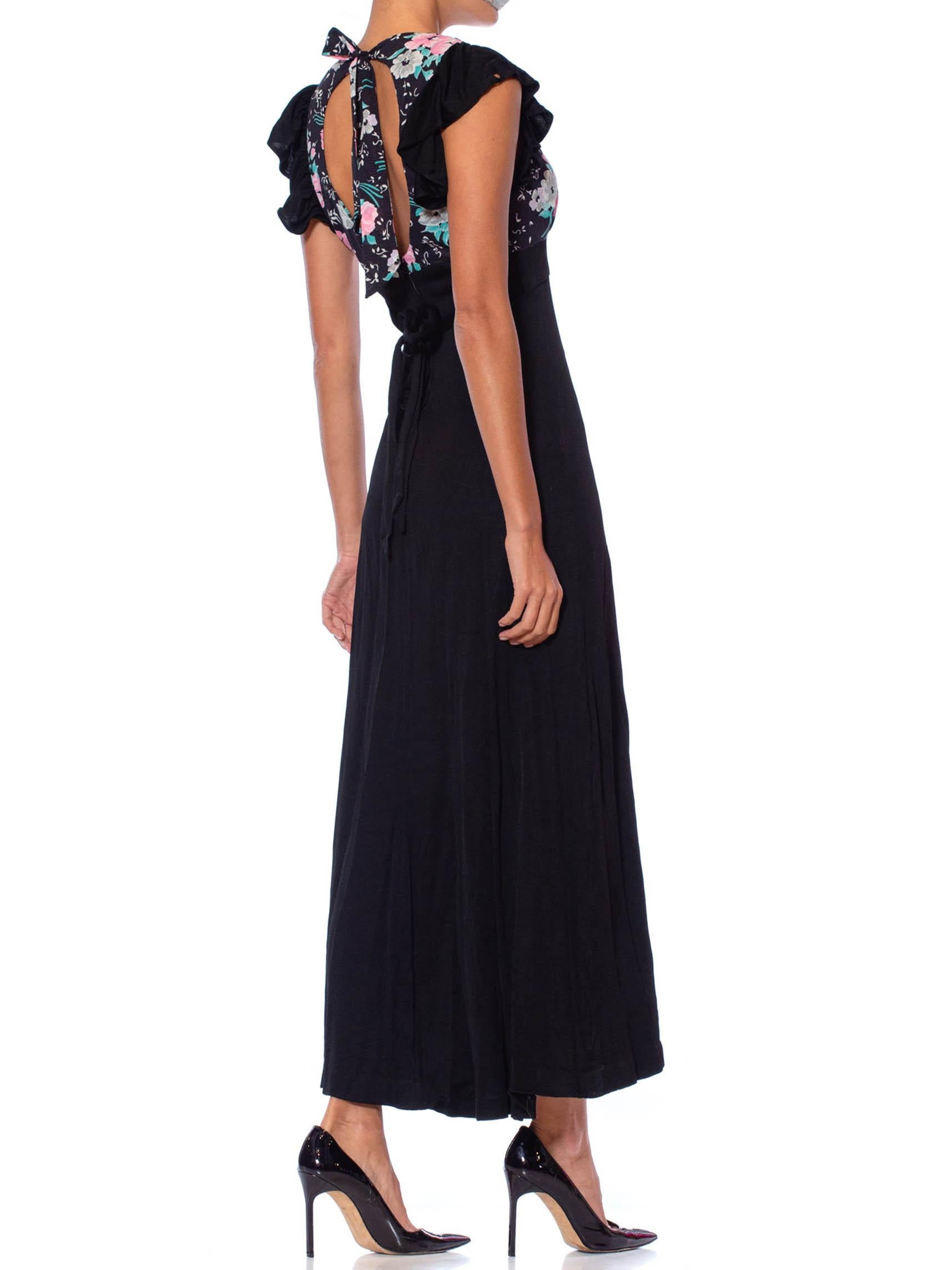 Women's 1970S Black & Floral Poly Blend Jersey Ruffled Maxi Dress With Tie Belt For Sale