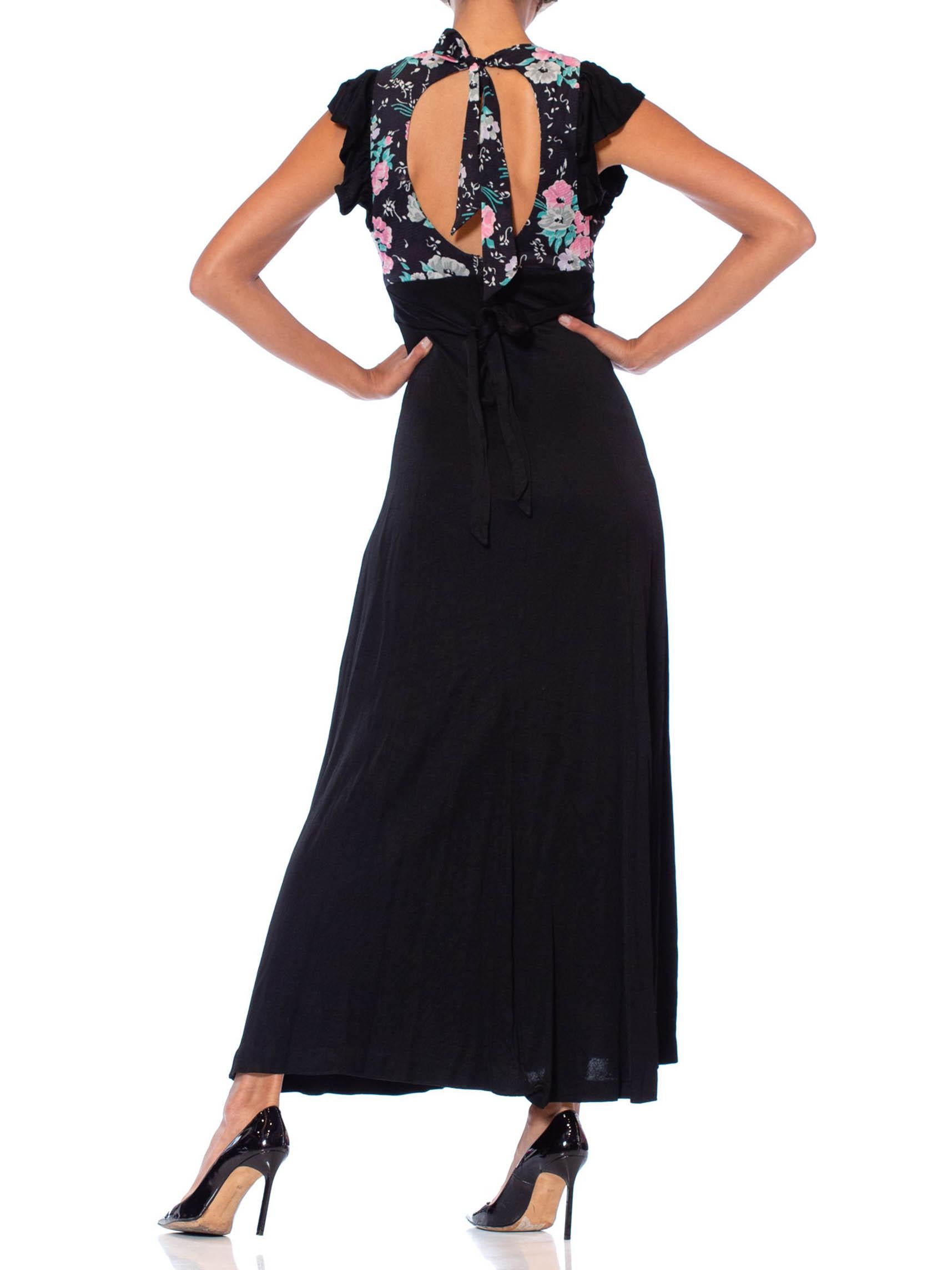 1970S Black & Floral Poly Blend Jersey Ruffled Maxi Dress With Tie Belt For Sale 2