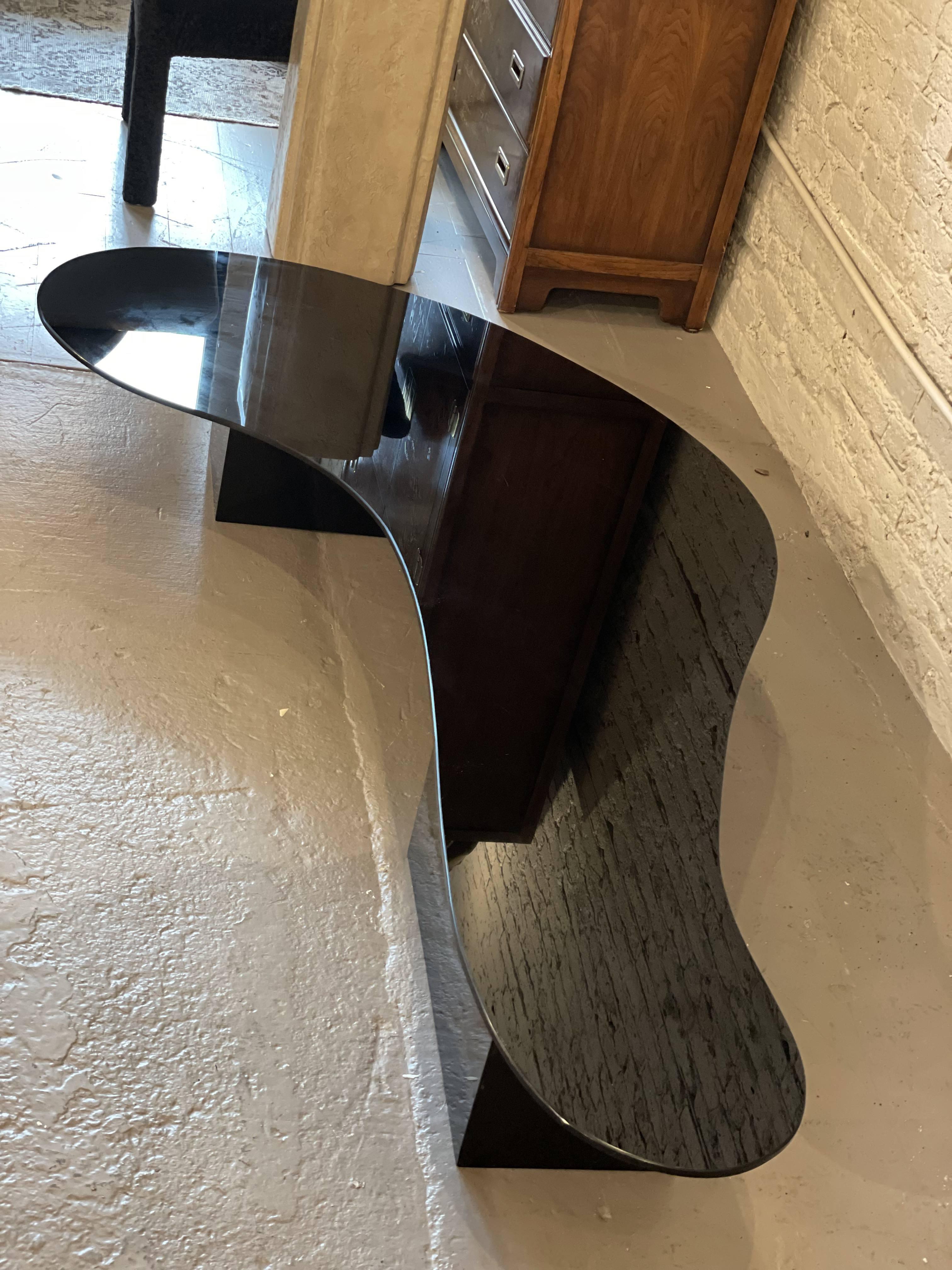 1970s Black Glass Custom Biomorphic Kidney Shape Coffee Table 1