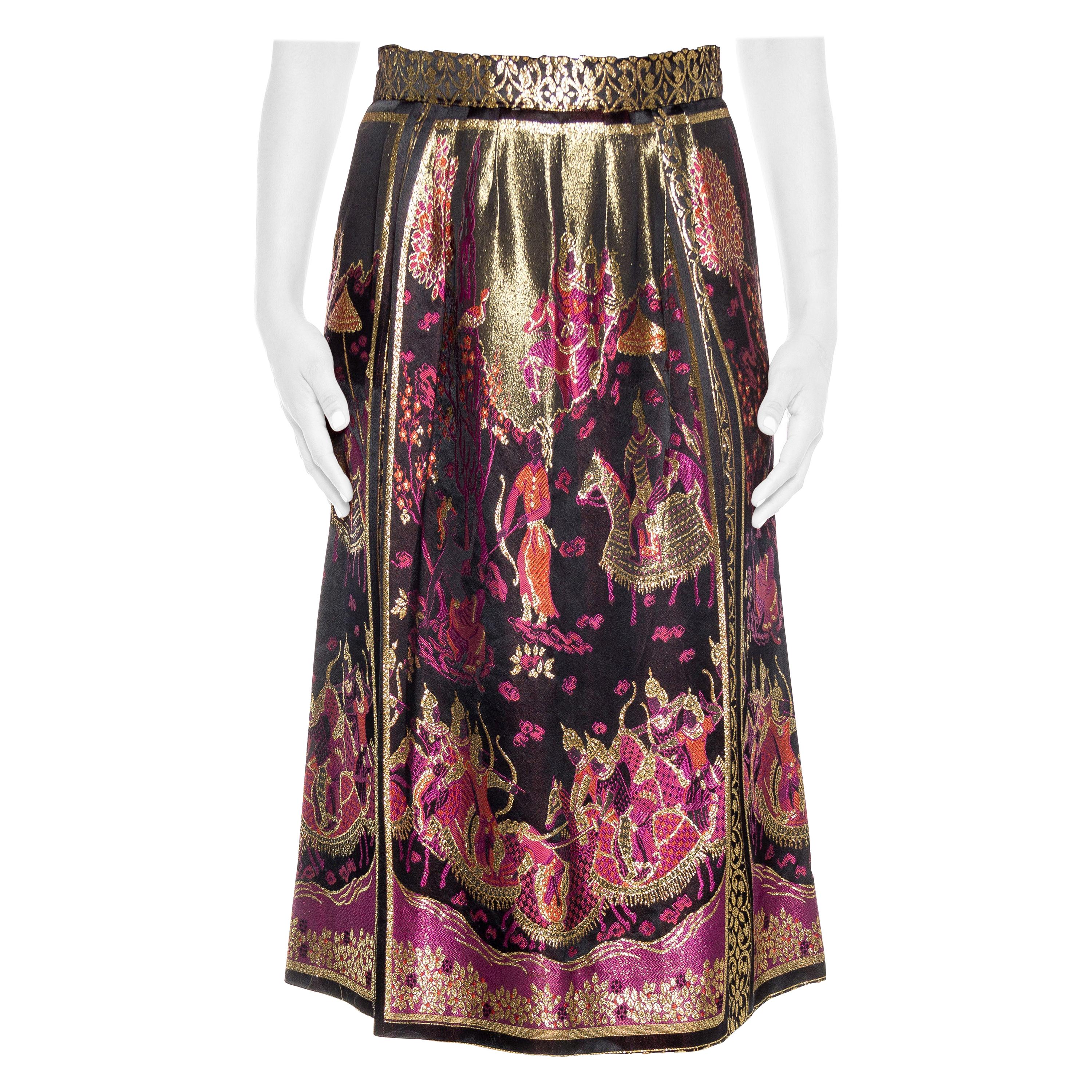 1970S Black & Gold Asian Rayon Lurex Brocade Skirt